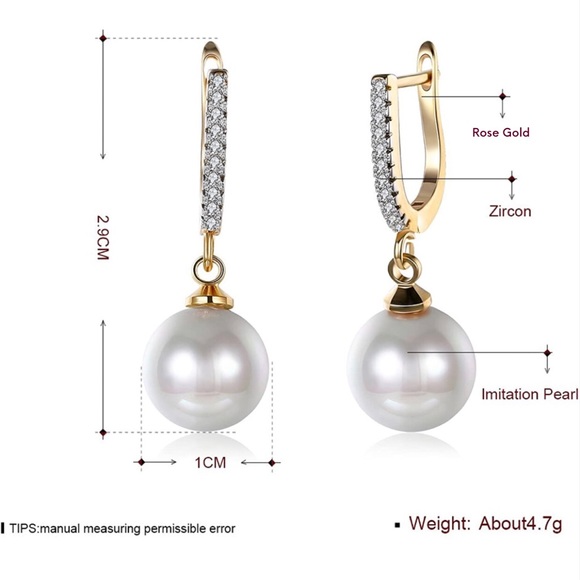 18K Rose Gold Plated Zirconia Pearl Dangle Earring - Picture 3 of 3